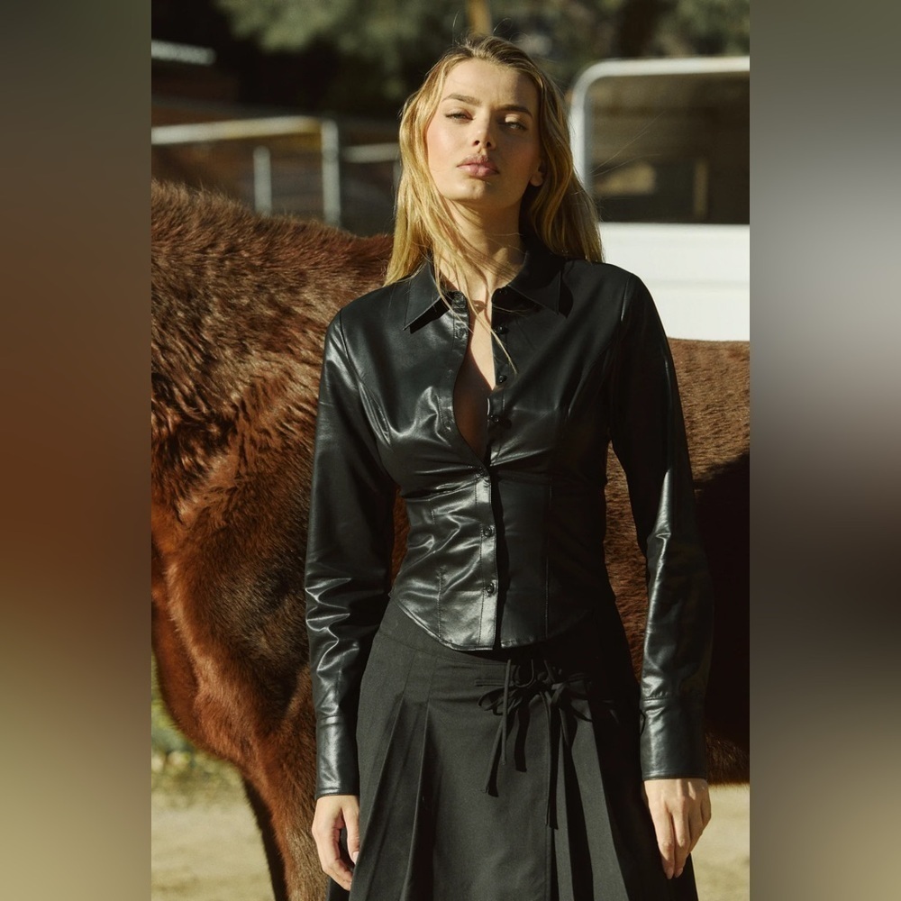 NIA Faux Leather Brielle Button Up Black Shirt Size Medium NWT